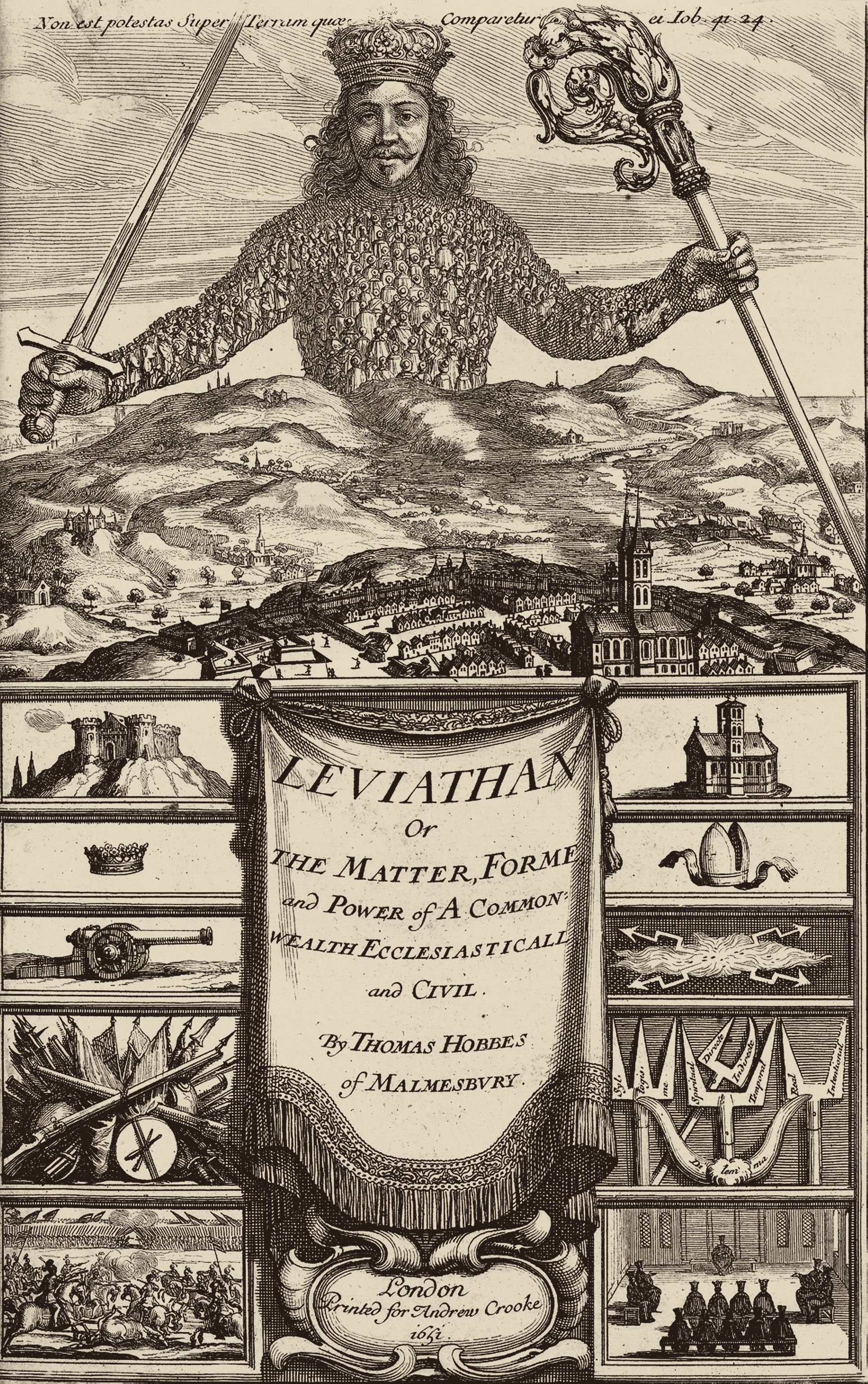 Frontispicio del Leviatán (1651). Arriba, un gigante coronado hecho de cientos de personas, con una espada a la izquierda y un báculo a la derecha, se alza sobre colinas y una ciudad. Abajo, el título sobre una tela colgada, entre dos columnas de cinco paneles.
