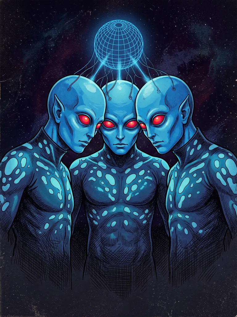 Three blue skinned bald figures with glowing red eyes stand shoulder to shoulder under a wireframe globe linked to their heads by thin cables, against a starry sky.