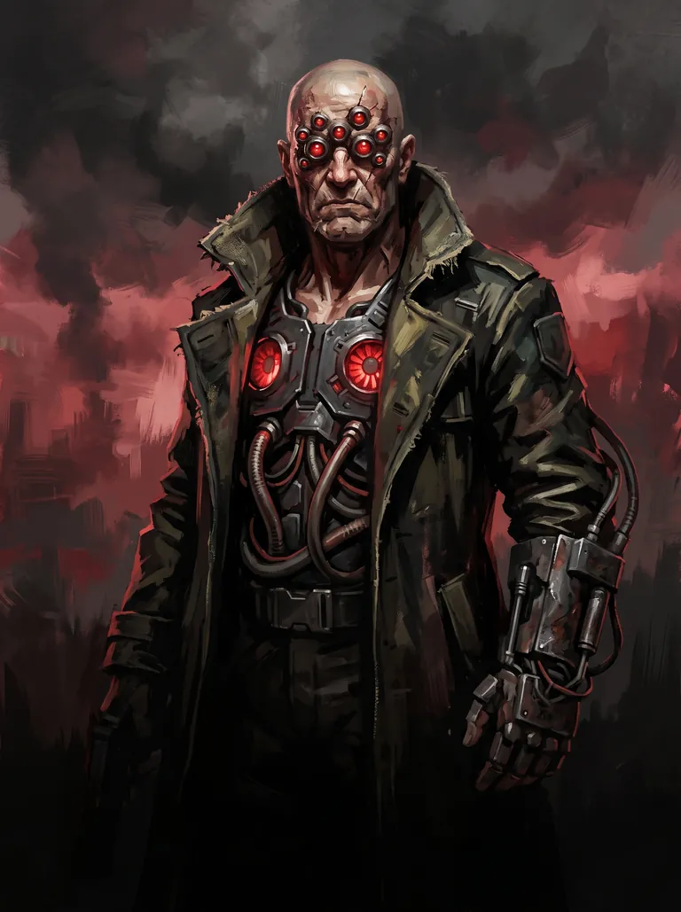 A scarred bald veteran in a military trench coat, with a cluster of red lenses bolted into his forehead, red turbines glowing in his chest and a cybernetic forearm, under a smoky red sky.