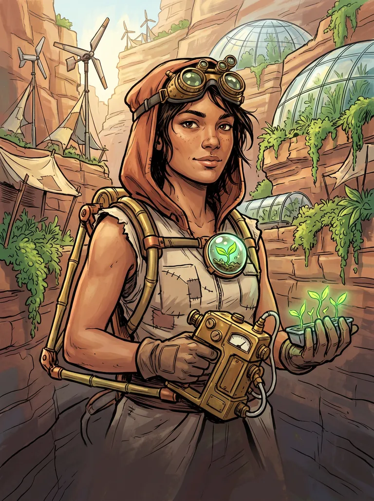 A woman engineer in a hooded canvas poncho and brass goggles, wearing a bamboo and copper harness with a glass capsule holding a green sprout on her chest, holding a tray of glowing seedlings in front of canyon terraces with glass biodomes.