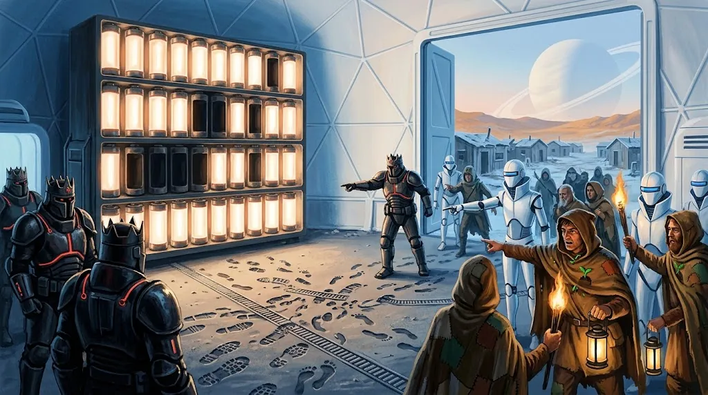 Proyecto Terra crisis card: a painted scene of an energy theft that the three factions must decide how to answer