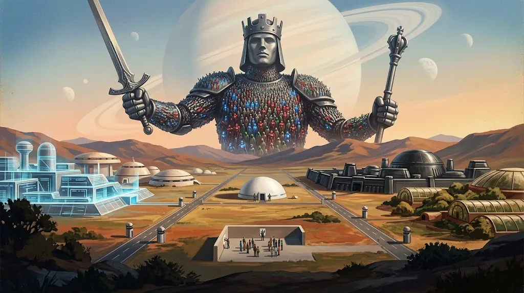 A giant crowned figure in armor made of thousands of tiny red, blue and green people holds a sword and a scepter above a desert plain with three settlements and a small open air assembly in the middle.
