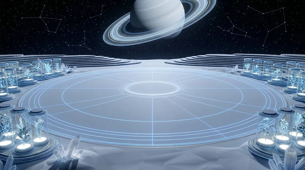 A circular platform of glowing blue lines in front of a ringed planet, ringed by stepped terraces and glass domes that each hold a pale plant.